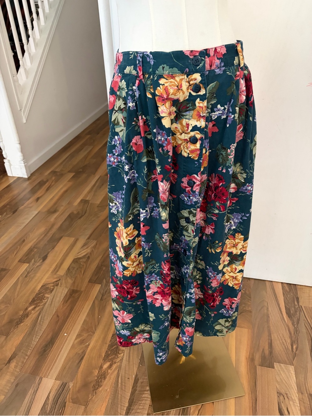 Vintage Floral Navy Pink Yellow Button Down Midi Skirt, Size 6, EUC